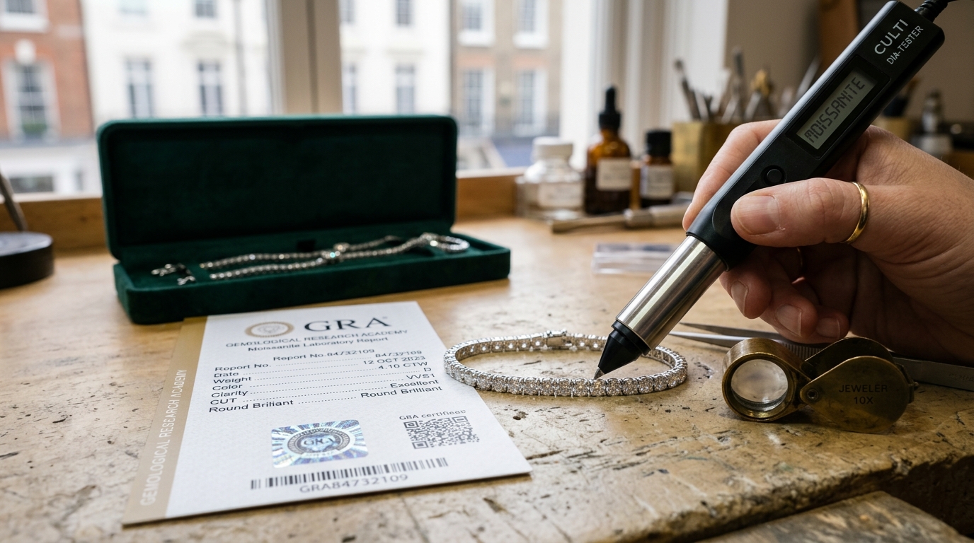 Serialized GRA laboratory certificate and thermal diamond probe verification at Mayfair London atelier